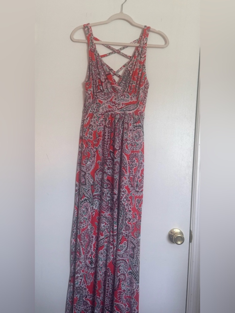 Loveappella Red Paisley Maxi Dress with Crisscross Back Straps
